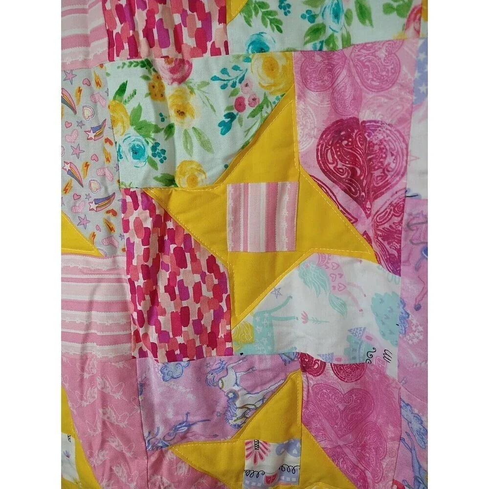 Handmade unicorn Rainbow Flower Heart Quilted Girls Lap/baby Quilt Size37.5